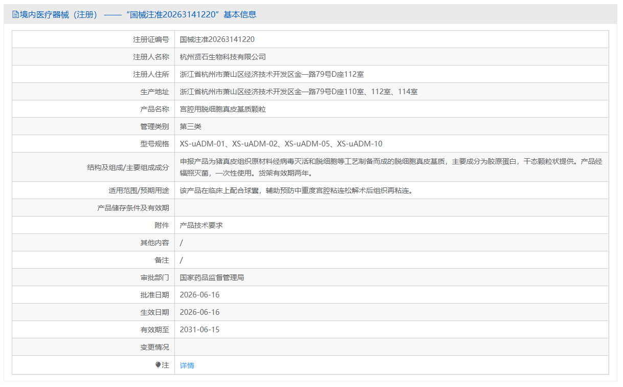 宫腔用脱细胞真皮基质颗粒创新医疗器械产品注册技术审评报告（2026年杭州贤石生物
