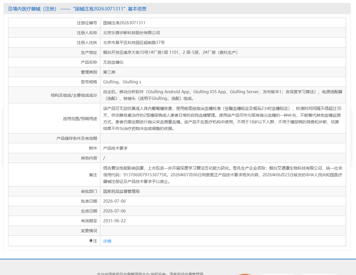 无创血糖仪创新医疗器械产品注册技术审评报告（2026年北京乐普诊断科技版）